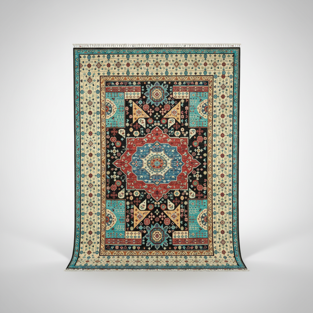 Traditional Turquoise Saloon Carpet - kısa uzunluk 1:1 beyaz arka plan