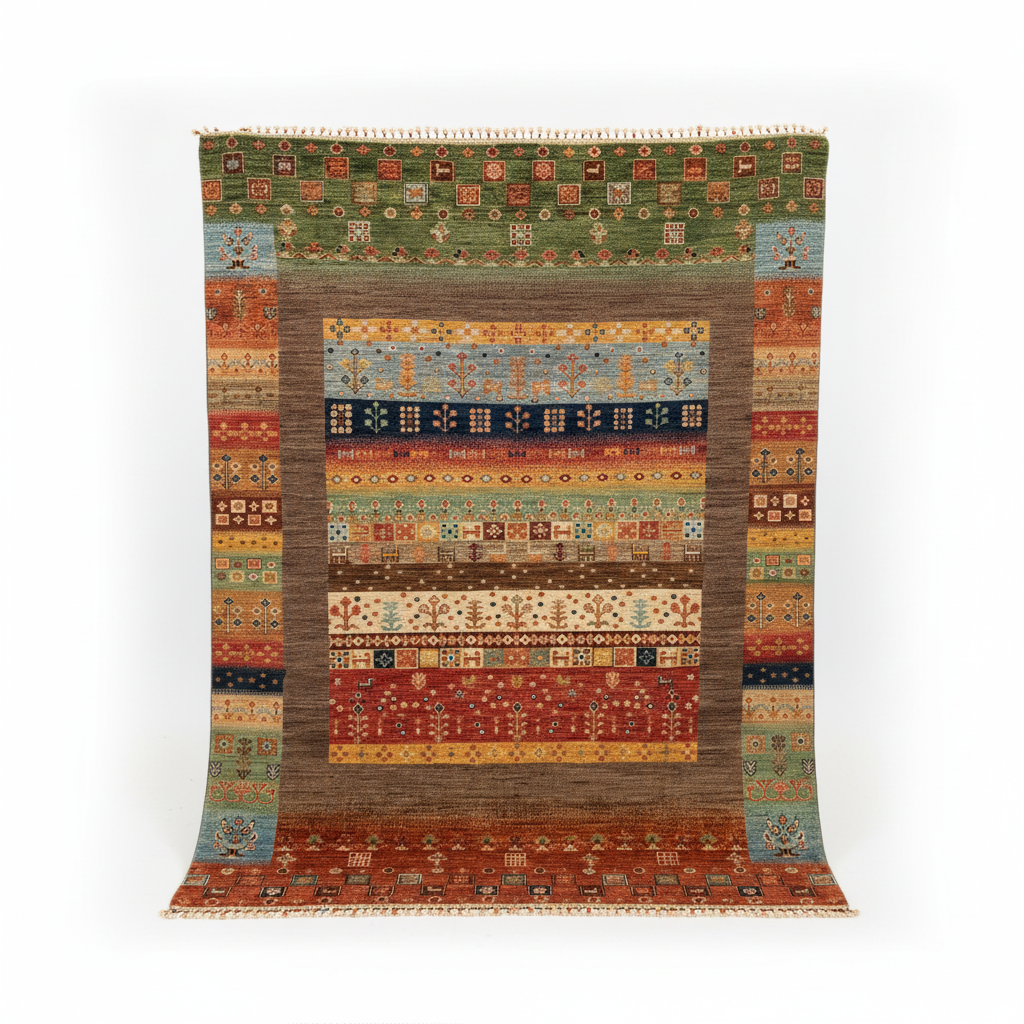 Tribal Gabbeh Rug - asılı orijinal korunmuş beyaz arka plan