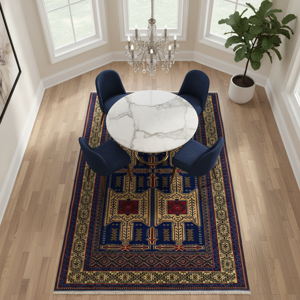 Turkish Kilim Rug Correct Proportions with Luxury Table