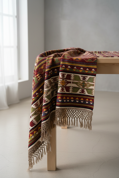Turkish Kilim Rug Draped on Table
