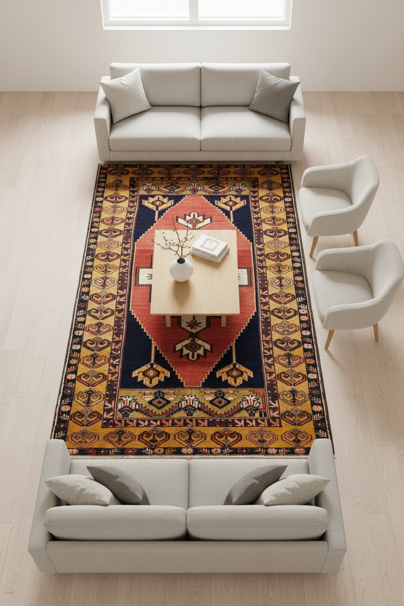 Turkish Rug in Living Room - Bird's Eye View