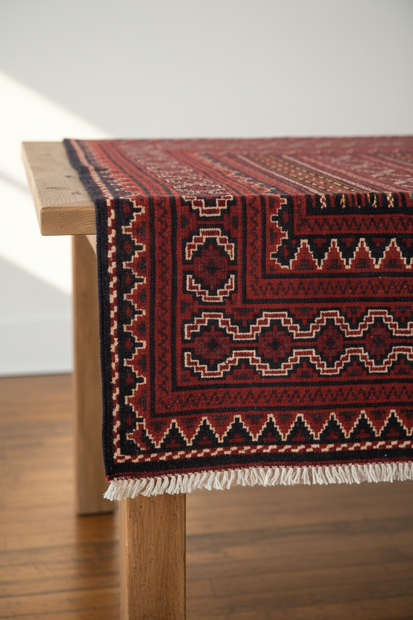 Turkoman Kilim – Folded on Wooden Table v2