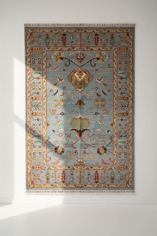 Turquoise Floral Design Handwoven Area Rug