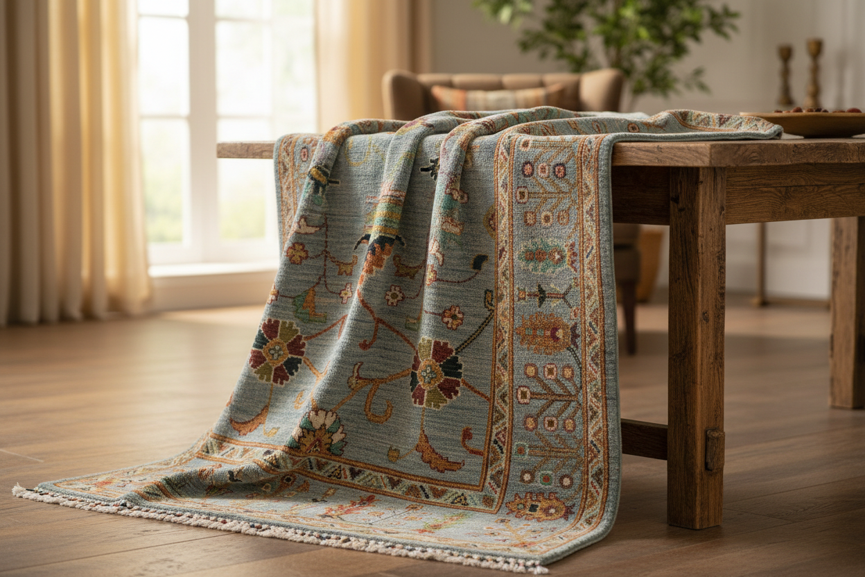Turquoise Floral Rug Draped on Table