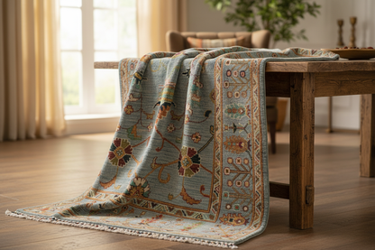 Turquoise Floral Rug Draped on Table