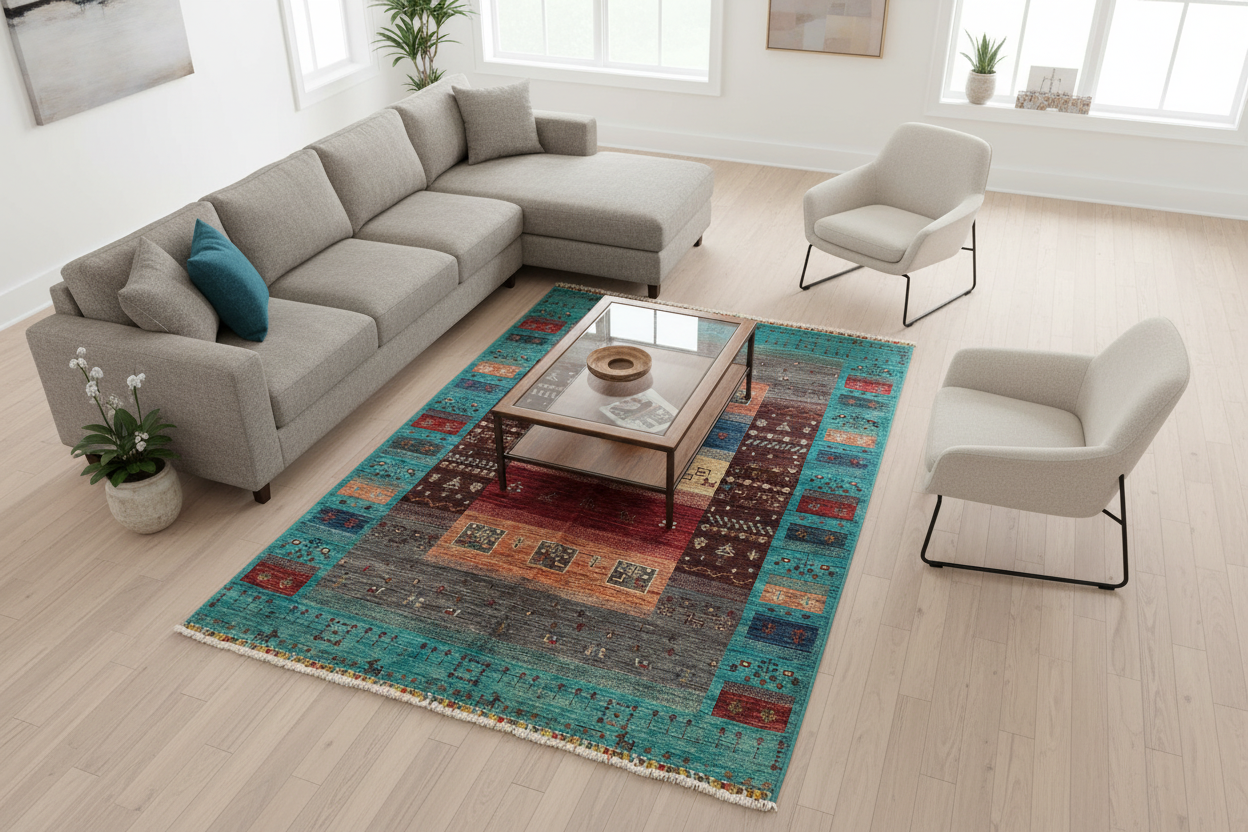 Turquoise Gabbeh Rug 4x6 ft - Compact Size in Spacious Room