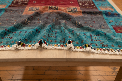 Turquoise Gabbeh Rug 4x6 ft - Draped with Fringe Detail