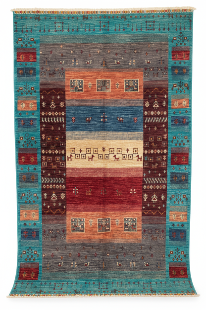Turquoise Gabbeh Rug 4x6 ft - Hanging Display