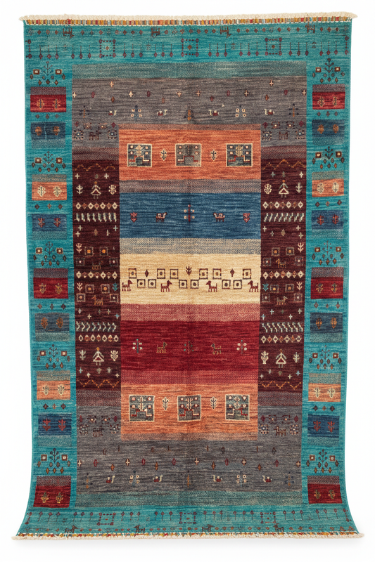 Turquoise Gabbeh Rug 4x6 ft - Hanging Display