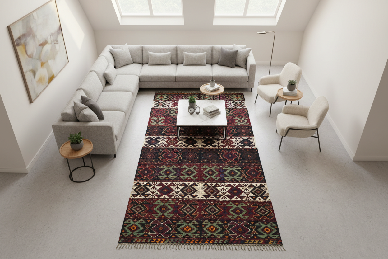 Vintage Turkish Kilim - Oturma Odası Kuşbakışı